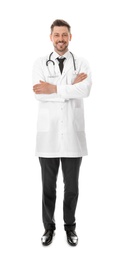 Photo of Full length portrait of smiling male doctor isolated on white. Medical staff