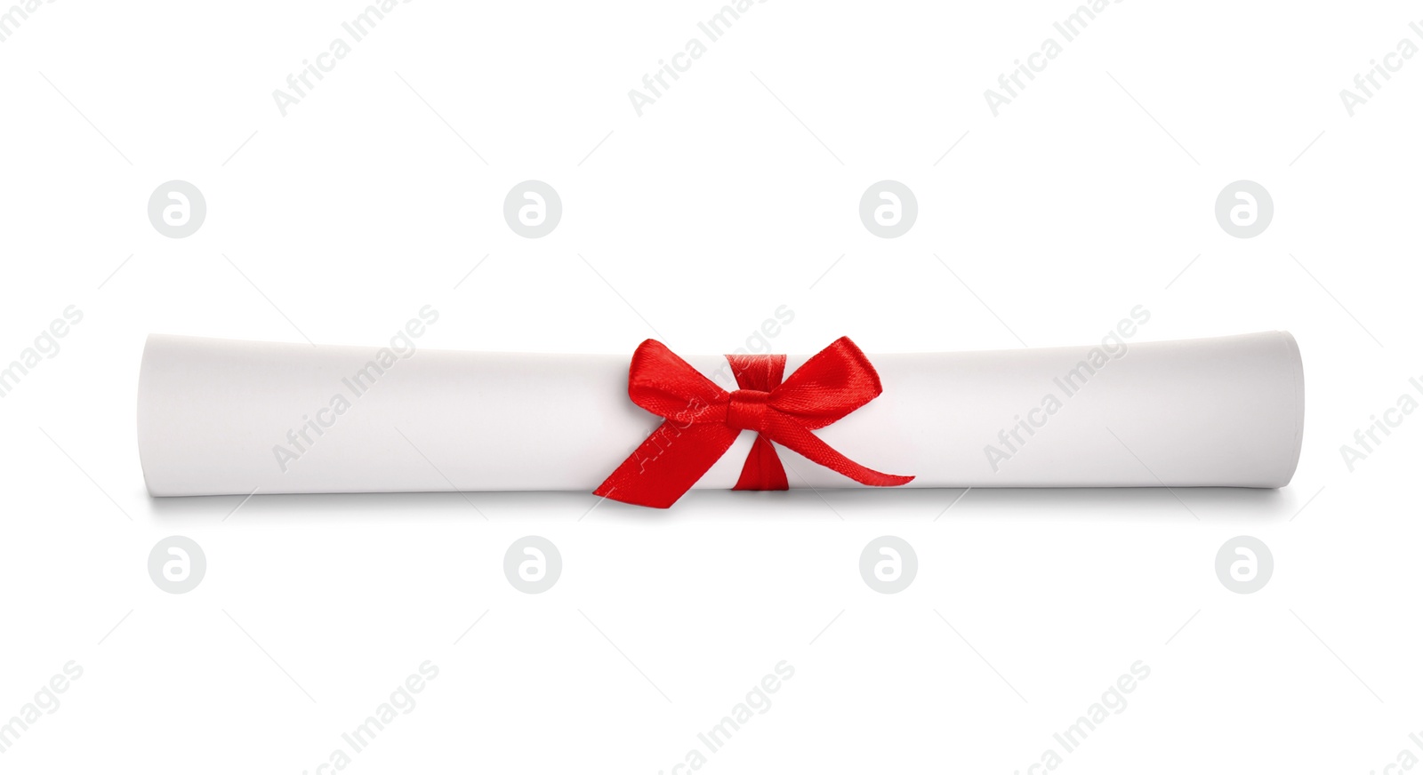 Image of Rolled student's diploma with red ribbon isolated on white