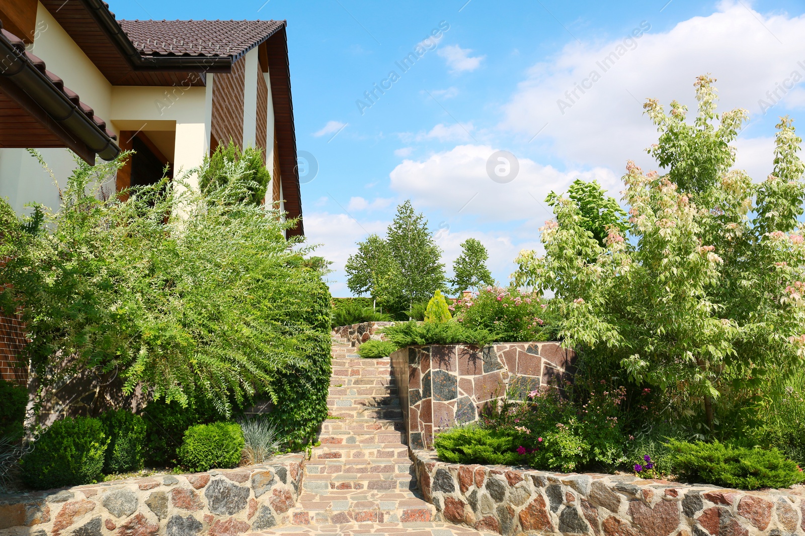 Photo of Landscape with modern house and beautiful garden on sunny day