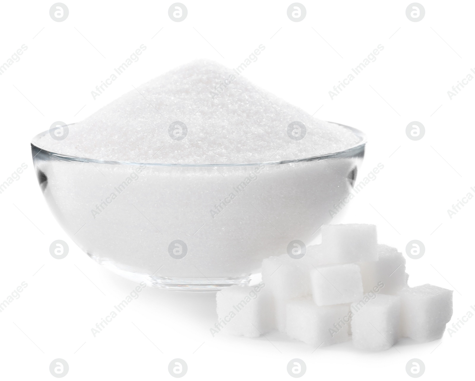 Photo of Granulated and refined sugar on white background