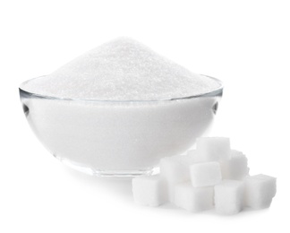 Granulated and refined sugar on white background