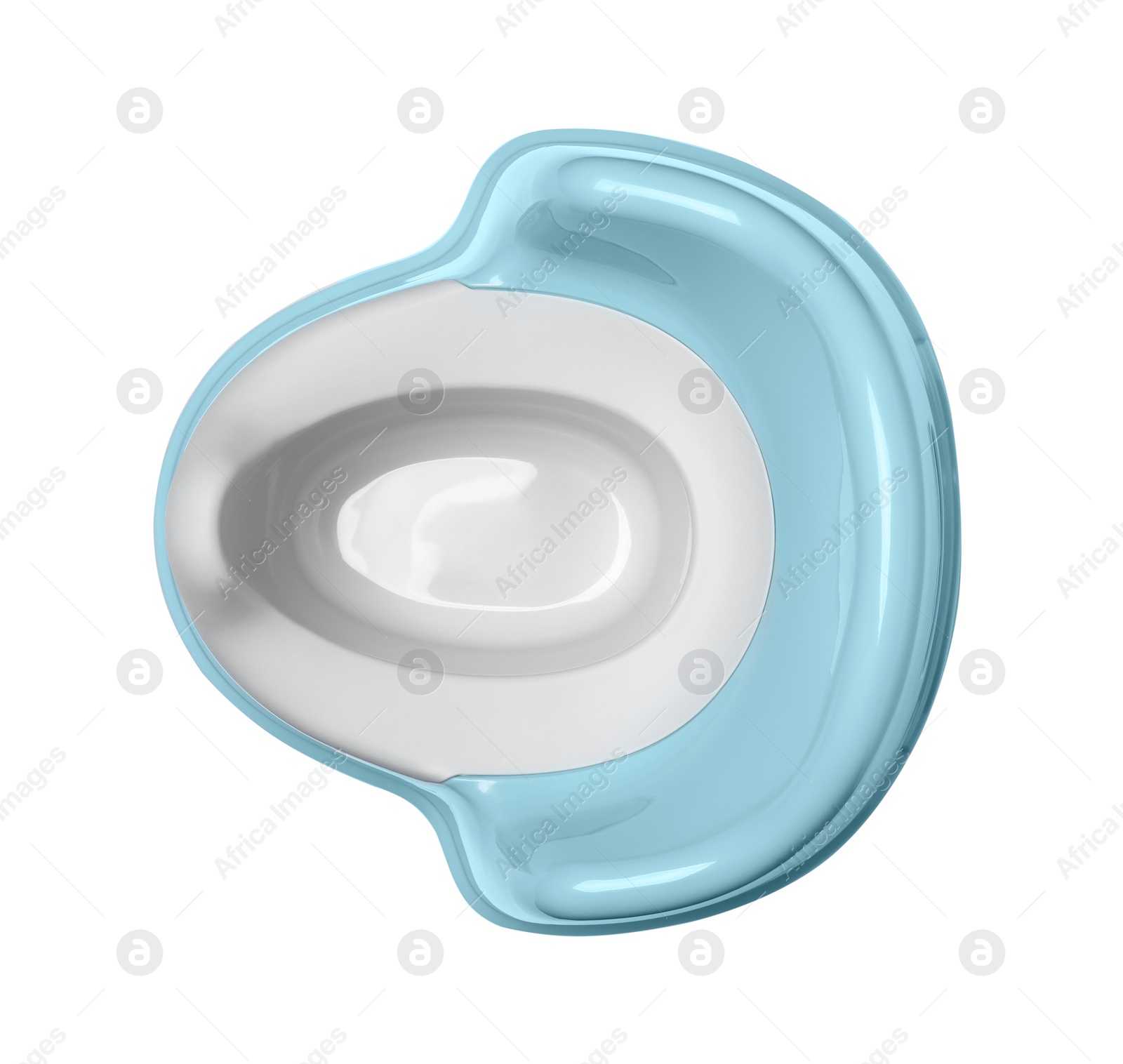 Photo of Light blue baby potty isolated on white, top view. Toilet training