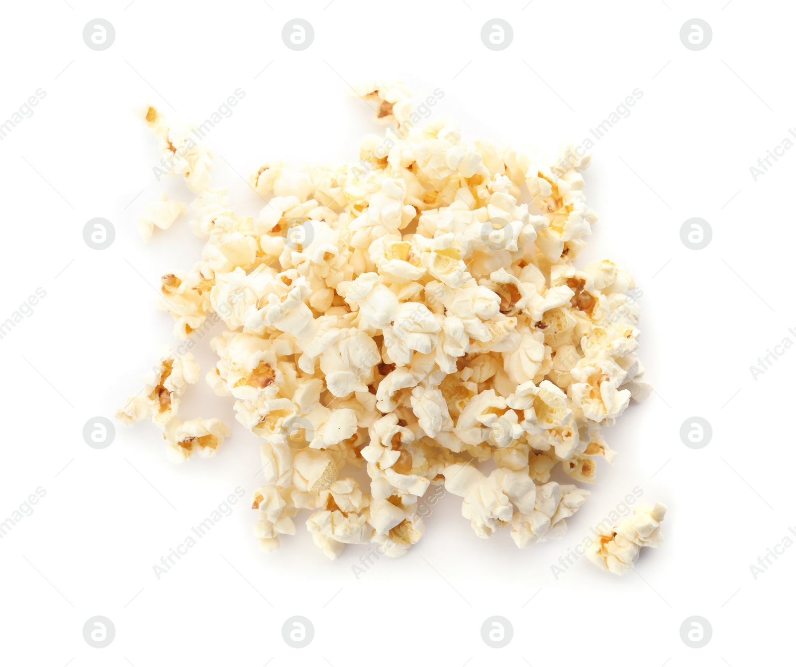 Photo of Pile of delicious fresh popcorn on white background, top view