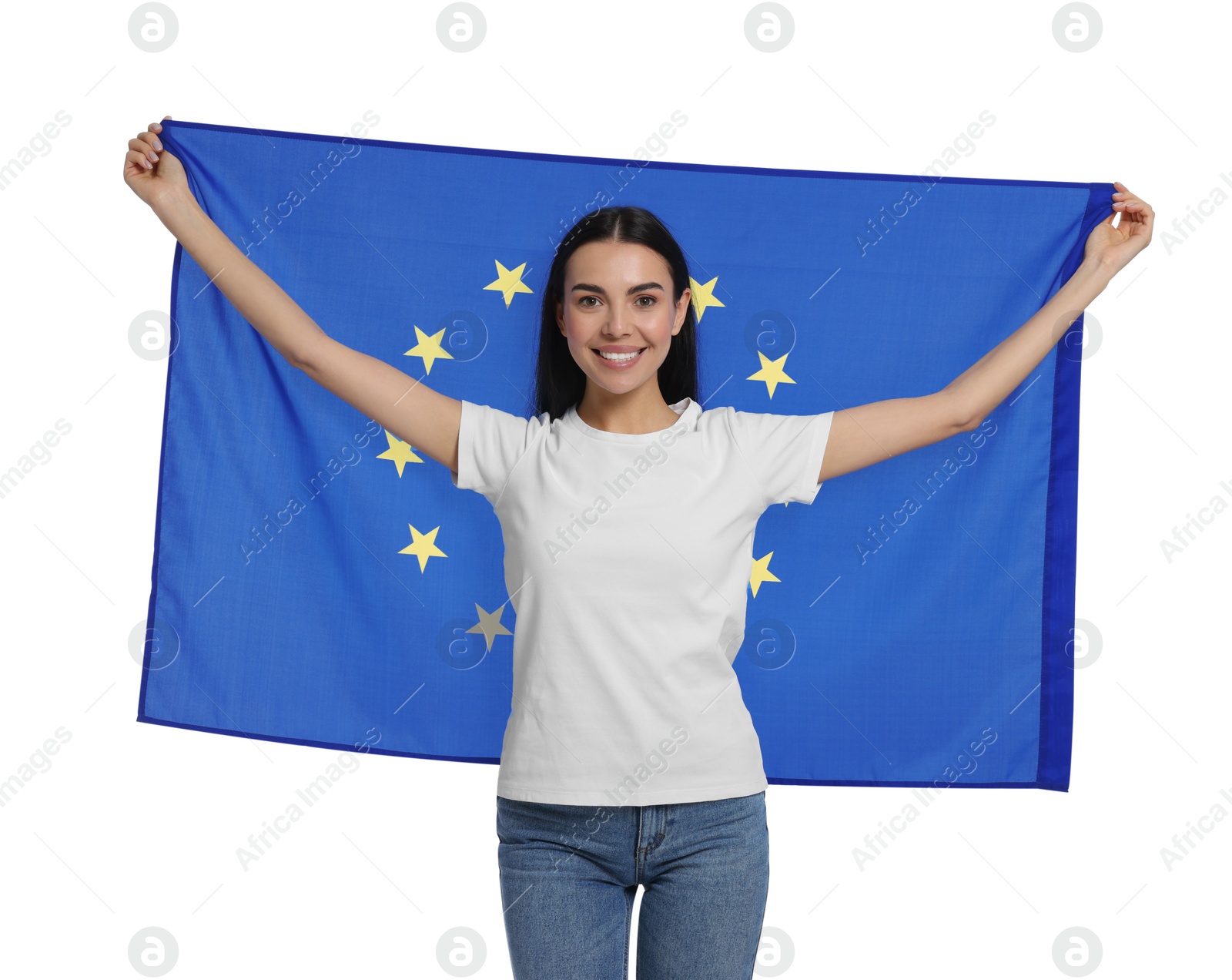 Photo of Woman holding European Union flag on white background