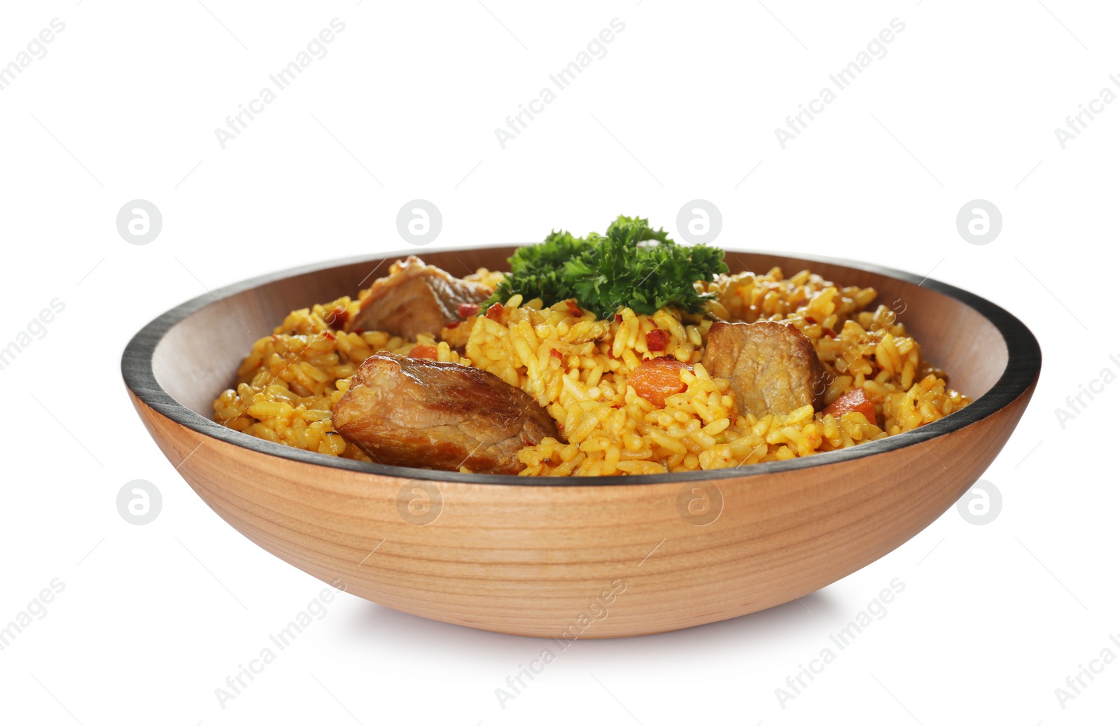 Photo of Bowl with rice pilaf and meat on white background