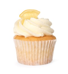 Photo of Delicious lemon cupcake with cream isolated on white