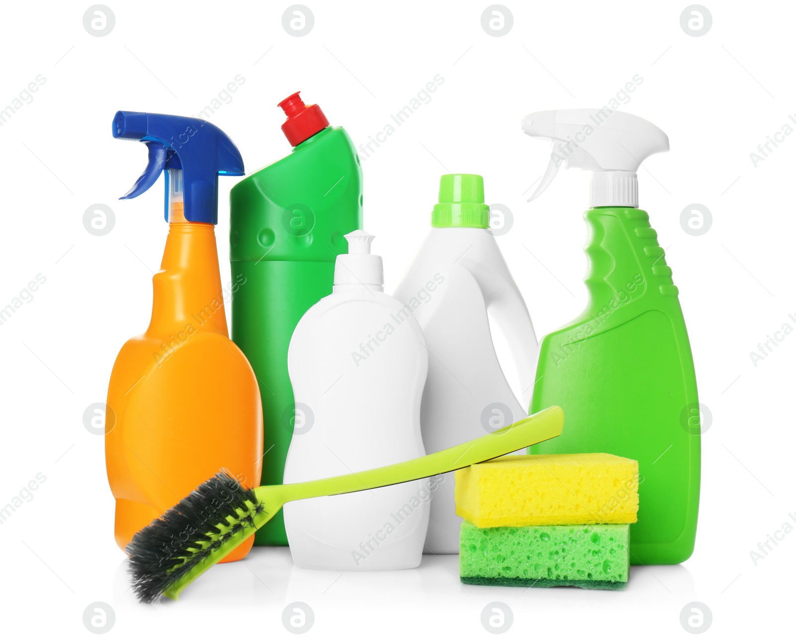 Photo of Different cleaning products and tools on white background