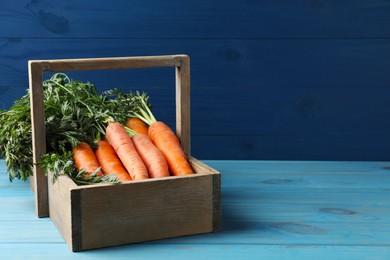 Fresh ripe juicy carrots in basket on light blue wooden table. Space for text