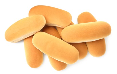Photo of Many fresh hot dog buns isolated on white, top view