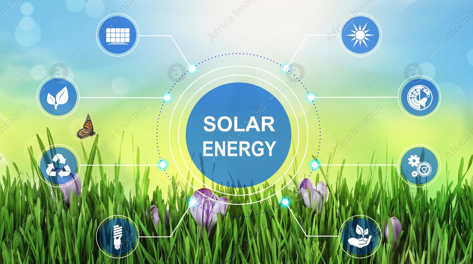 Image of Solar energy concept. Scheme with icons and sky over green grass on background