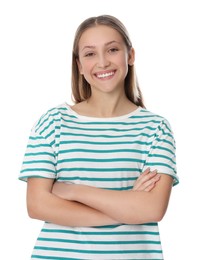 Photo of Portrait of beautiful teenage girl on white background