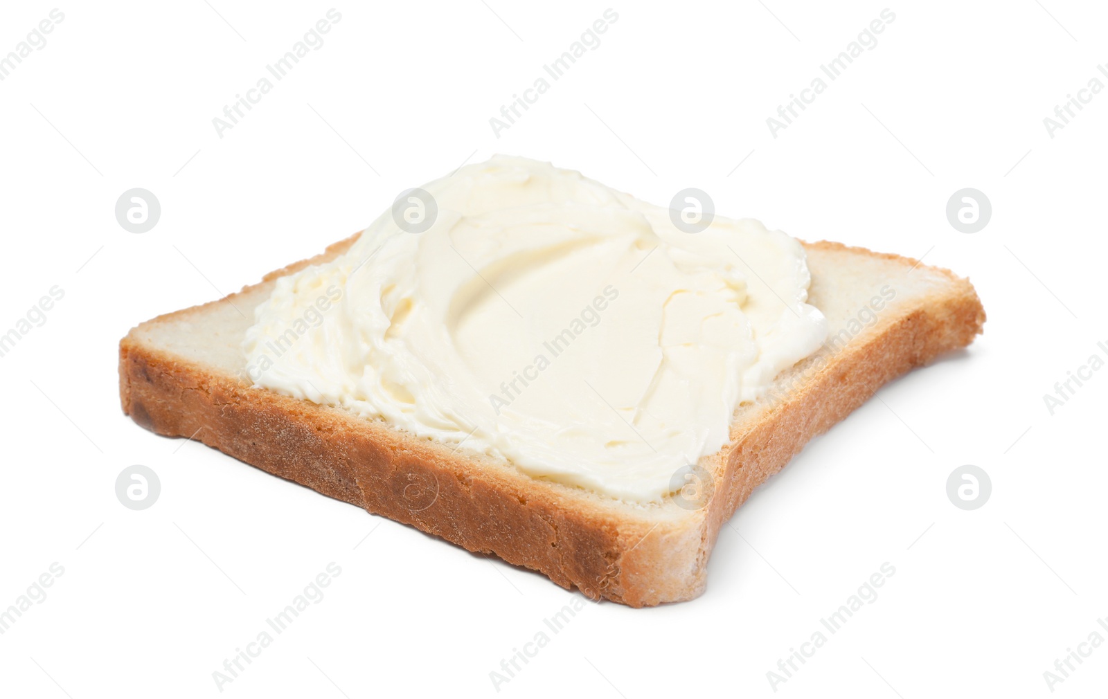 Photo of Slice of bread with tasty cream cheese isolated on white