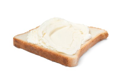 Photo of Slice of bread with tasty cream cheese isolated on white