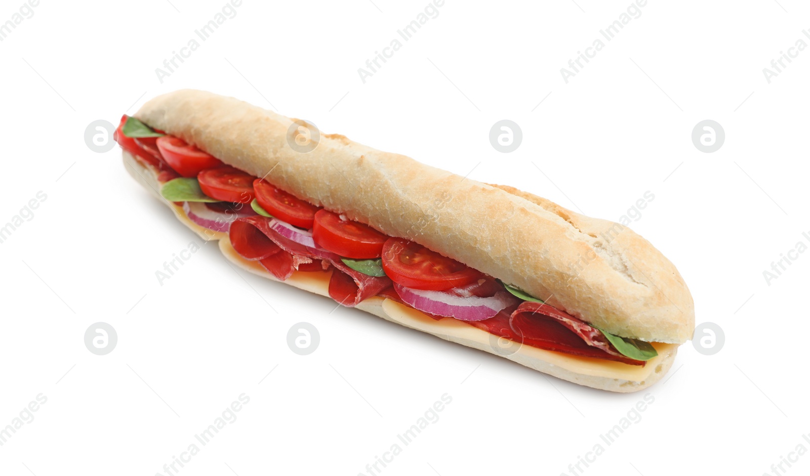 Photo of Delicious sandwich with bresaola, tomato and onion isolated on white