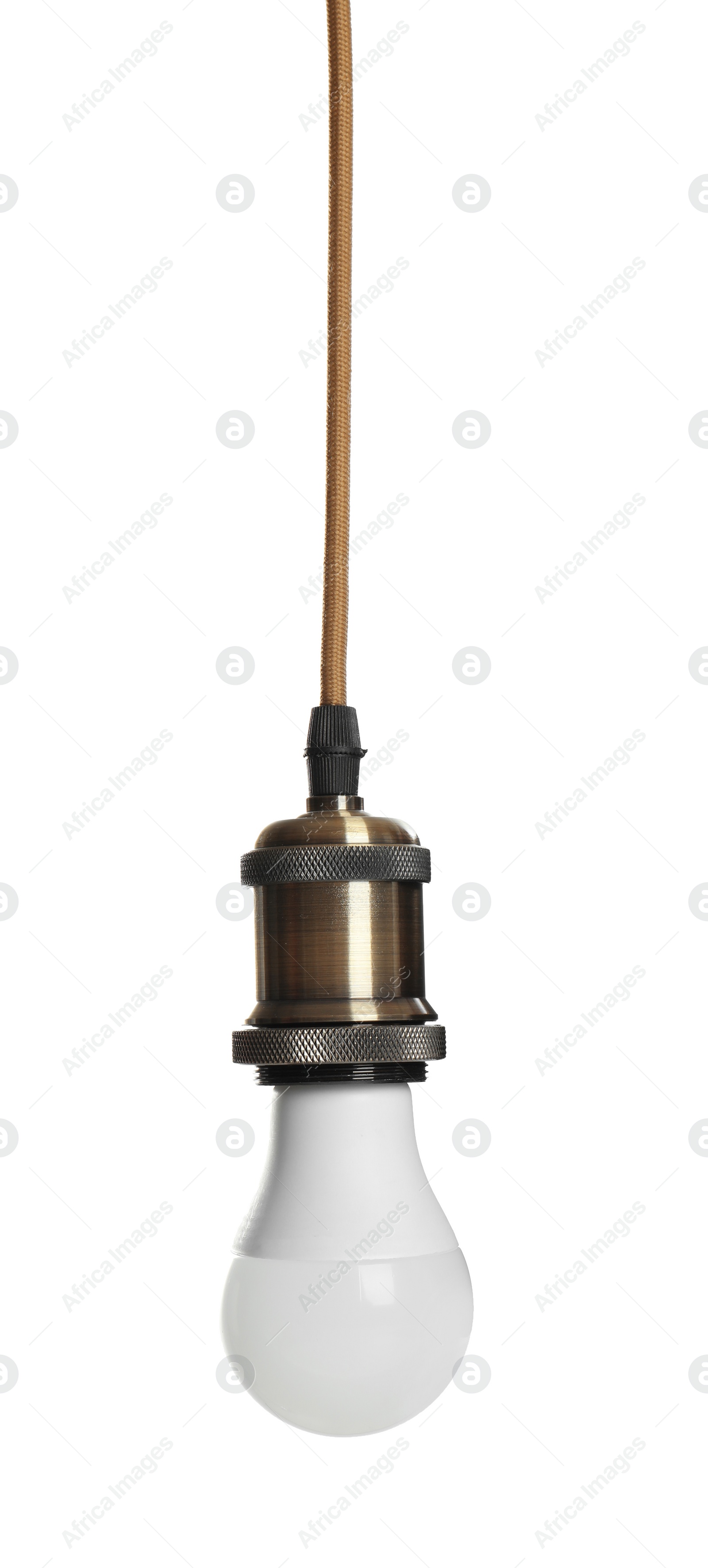 Photo of New light bulb for lamp on white background