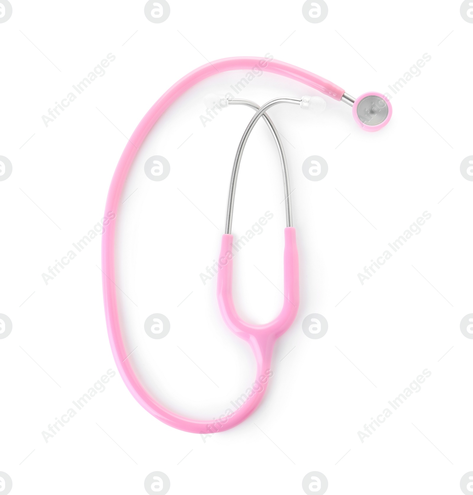 Photo of Stethoscope on white background, top view. Medical device