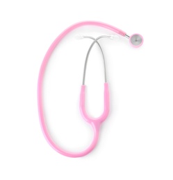 Photo of Stethoscope on white background, top view. Medical device