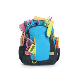 Photo of Color backpack with different school supplies isolated on white