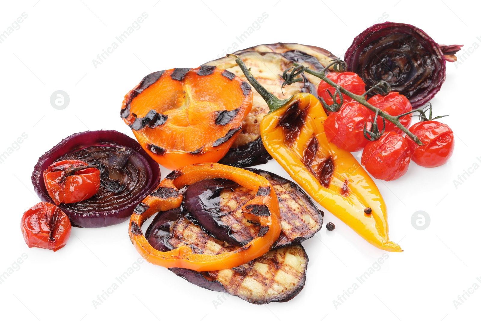 Photo of Different delicious grilled vegetables isolated on white