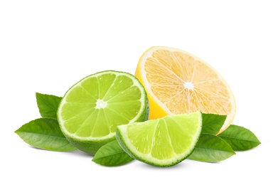 Image of Fresh limes, lemon and green leaves on white background