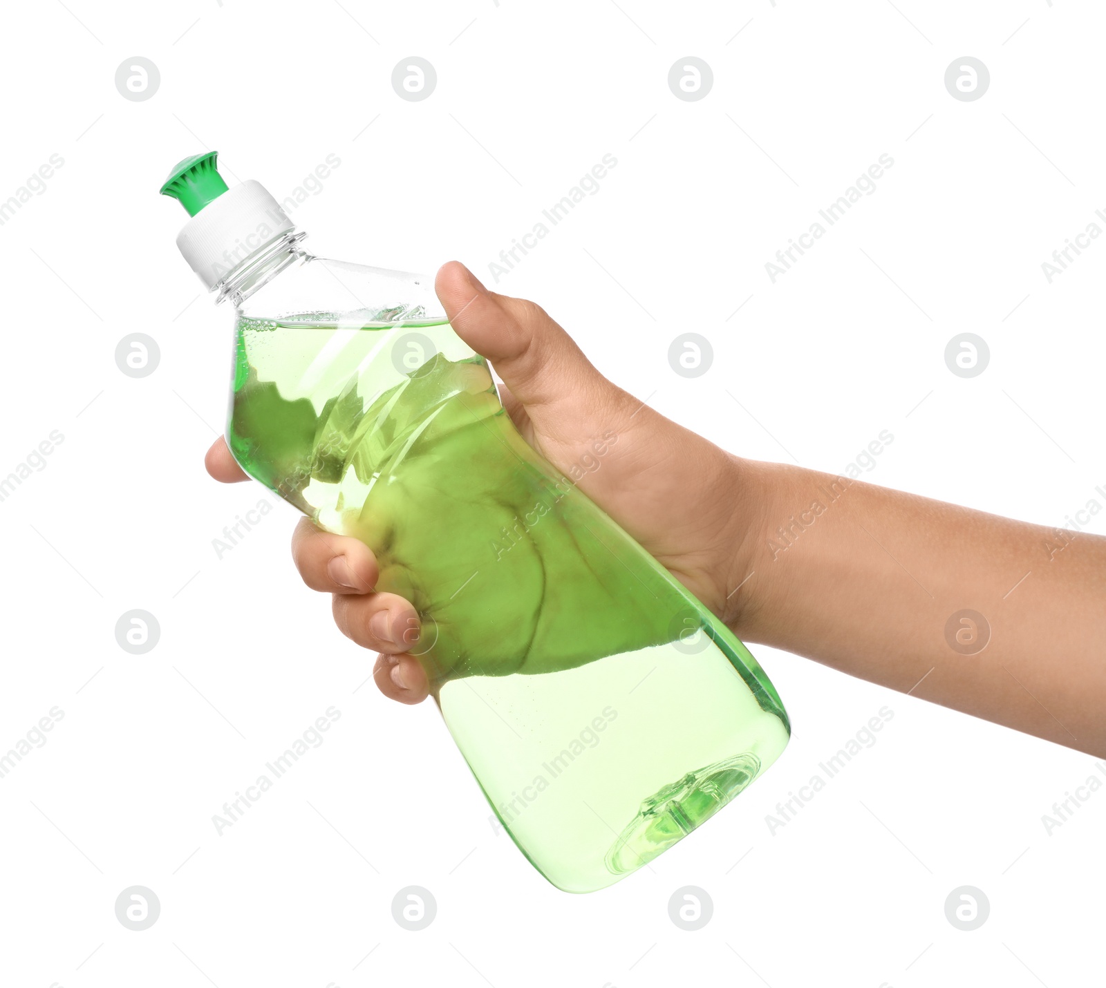 Photo of Woman holding bottle of cleaning product for dish washing on white background, closeup