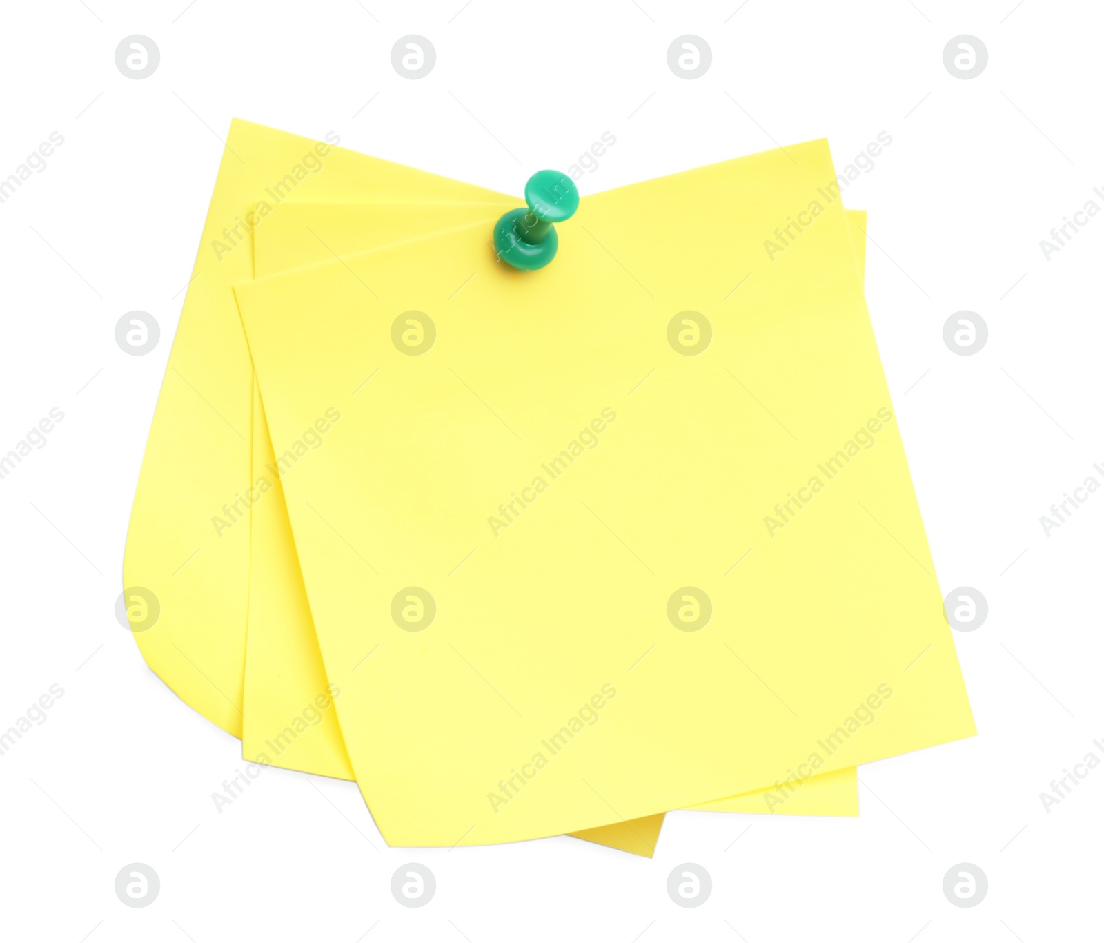 Photo of Blank yellow notes pinned on white background, top view