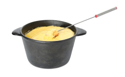 Fondue with tasty melted cheese, fork and piece of bread isolated on white