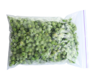 Photo of Frozen peas in plastic bag isolated on white, top view. Vegetable preservation