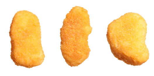 Image of Set of fresh chicken nuggets on white background