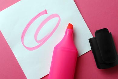Photo of Bright color marker and sticky note on pink background, flat lay