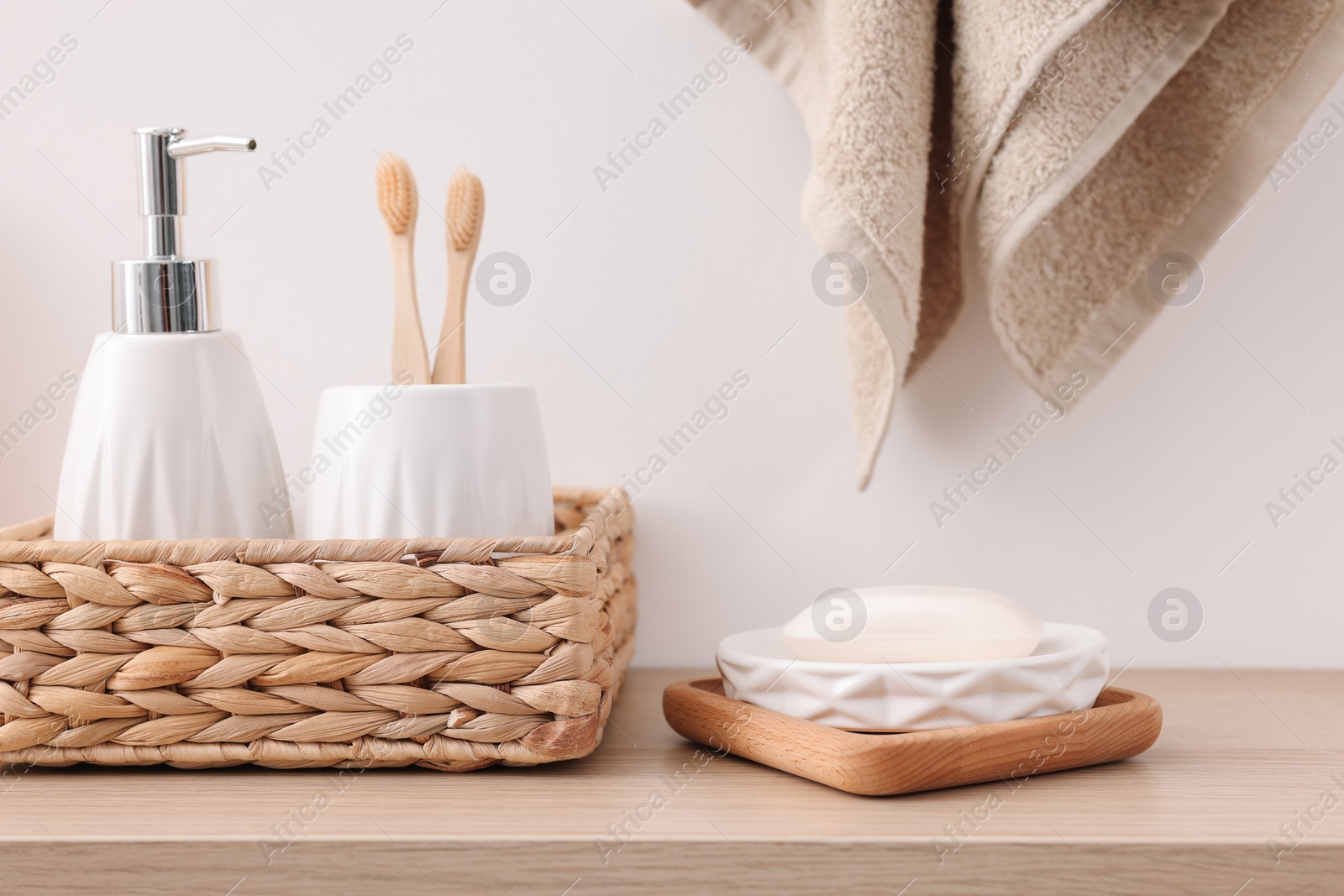 Photo of Different bath accessories and personal care products indoors