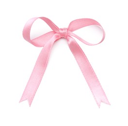 Photo of Pink satin ribbon bow isolated on white, top view