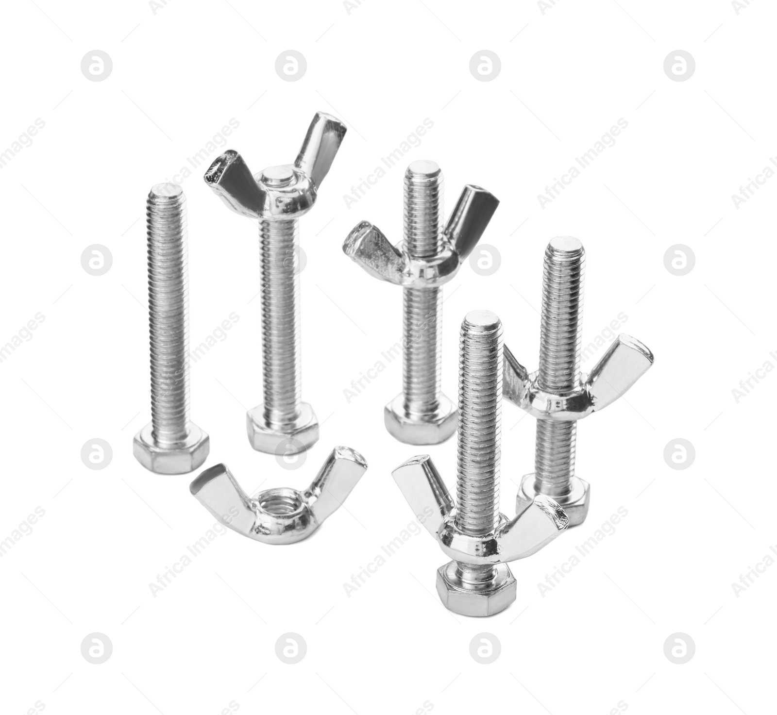 Photo of Metal screws with wing nuts isolated on white