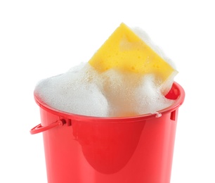 Plastic bucket with foam and sponge isolated on white. Cleaning supplies