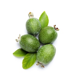 Pile of feijoas and leaves on white background, top view