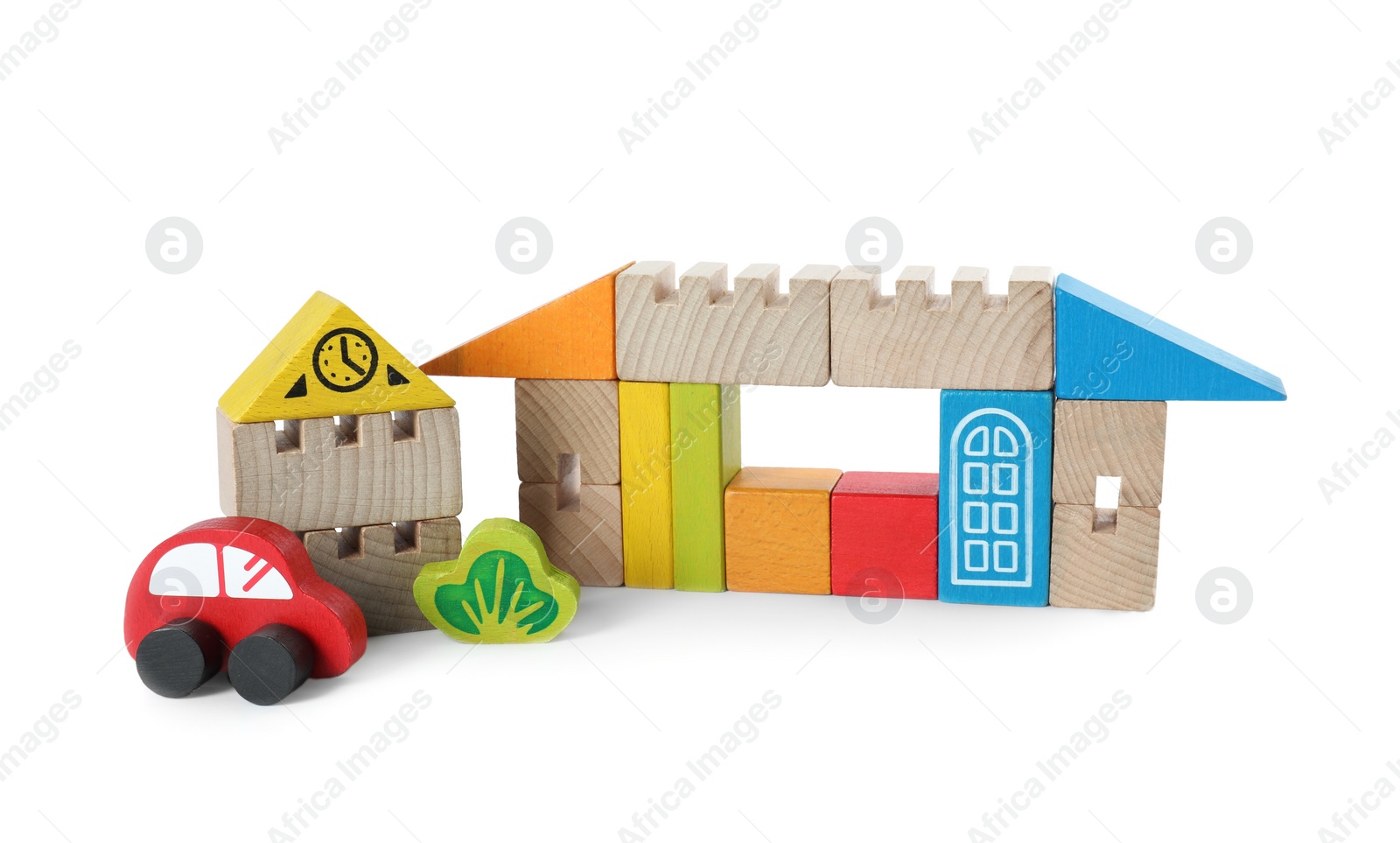 Photo of Set of wooden toys isolated on white. Children's development