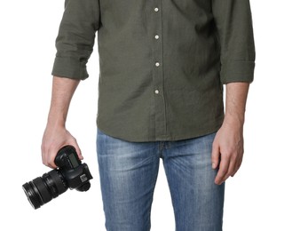 Photo of Photographer holding modern camera on white background, closeup