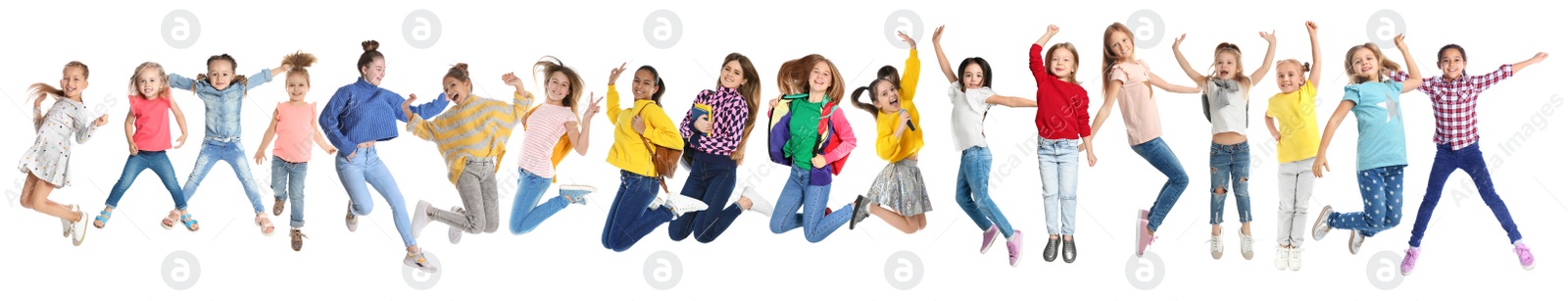 Image of Collage with photos of jumping children on white background. Banner design