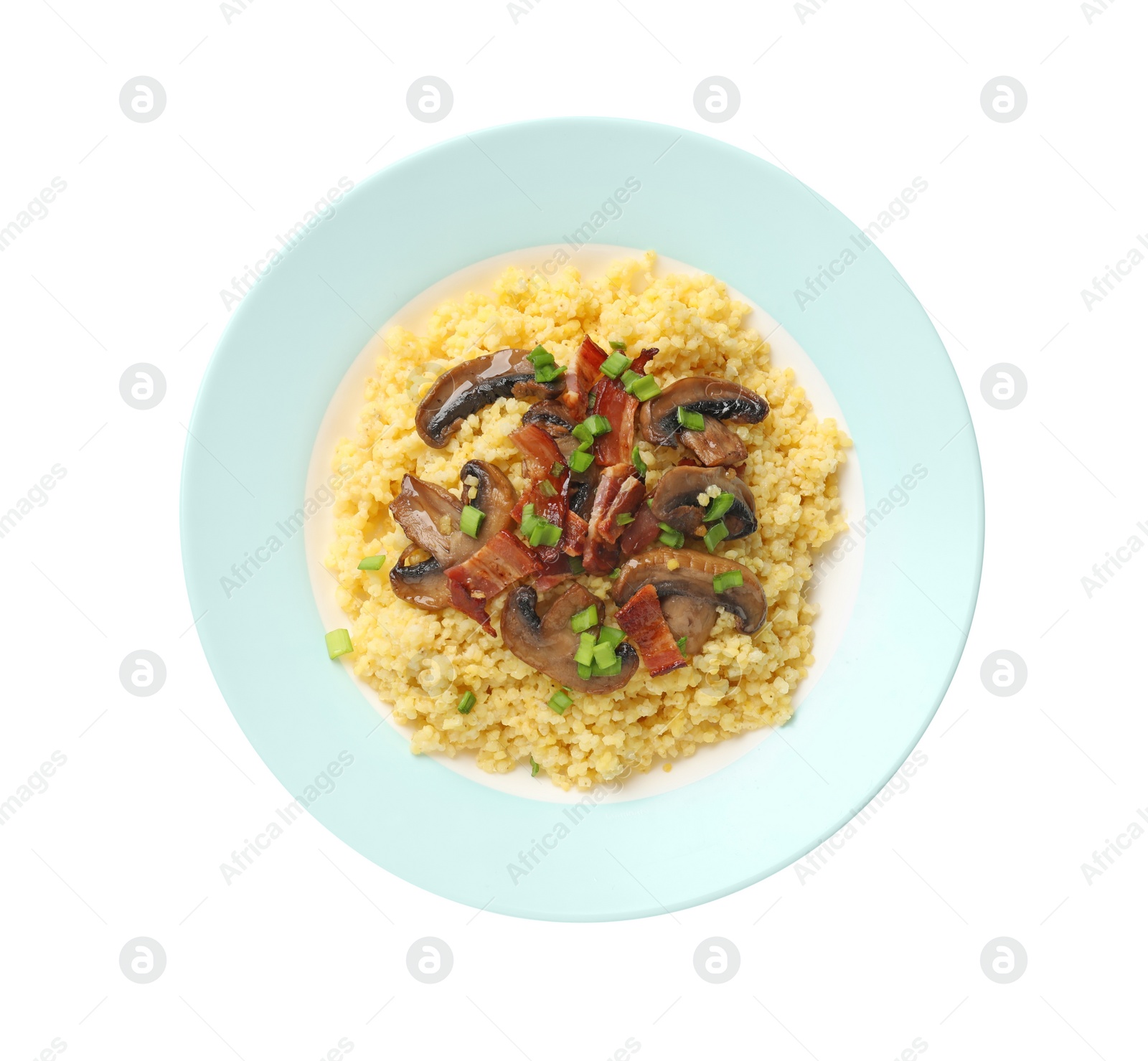 Photo of Tasty millet porridge with mushrooms, bacon and green onion isolated on white, top view