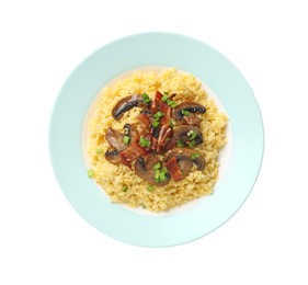 Photo of Tasty millet porridge with mushrooms, bacon and green onion isolated on white, top view