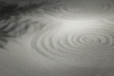 Photo of Beautiful spiral and shadows of leaves on sand, closeup. Zen garden