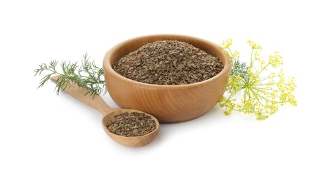 Bowl of dry seeds, spoon and fresh dill isolated on white
