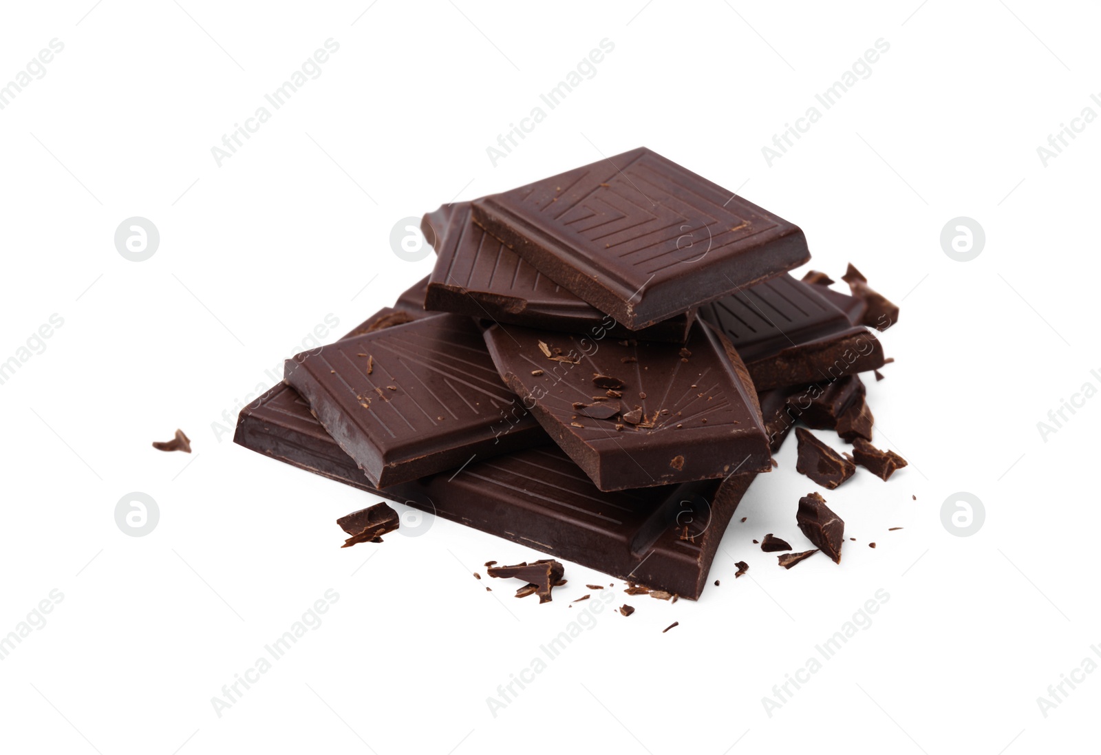 Photo of Pieces of delicious dark chocolate bar isolated on white