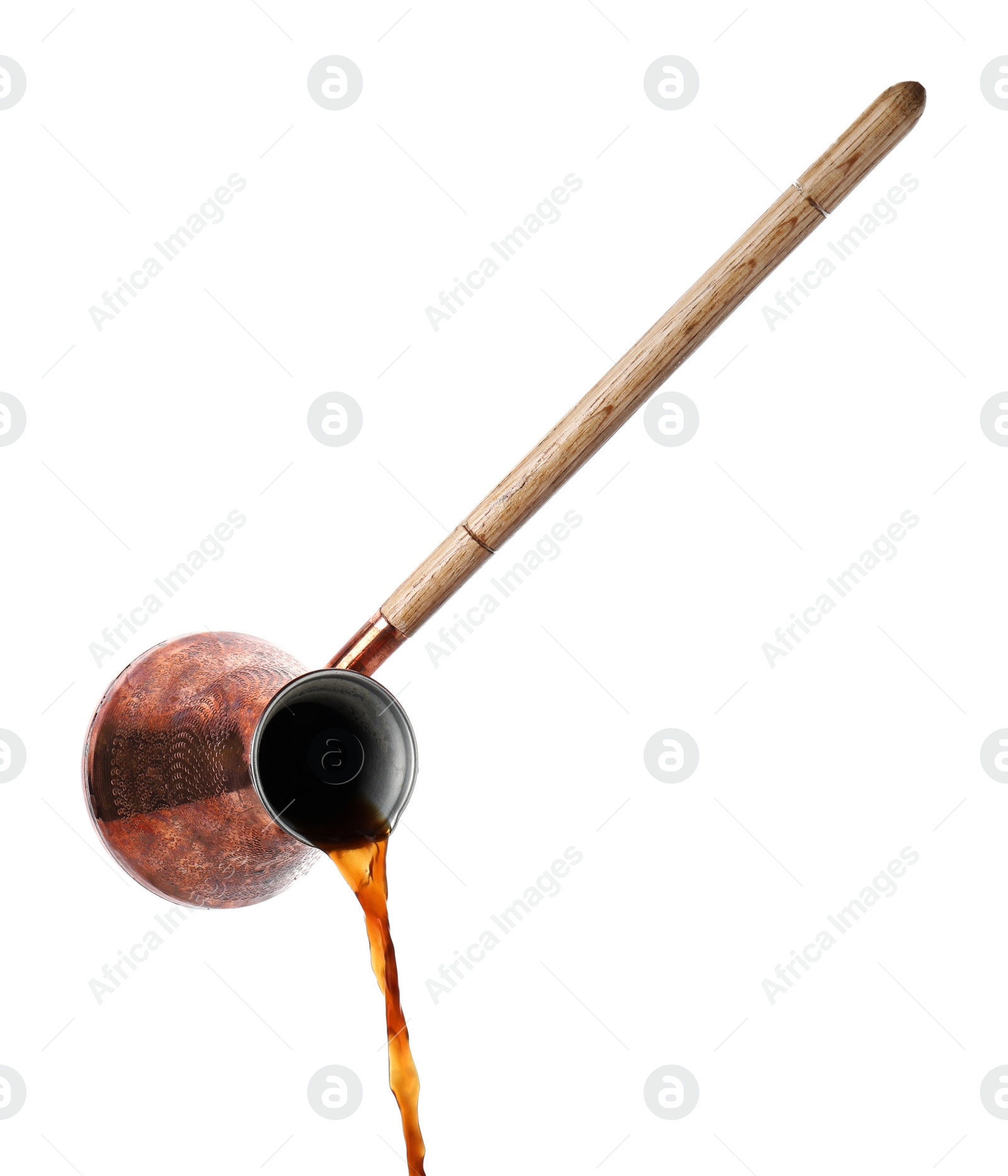 Photo of Turkish coffee. Pouring brewed beverage from cezve on white background