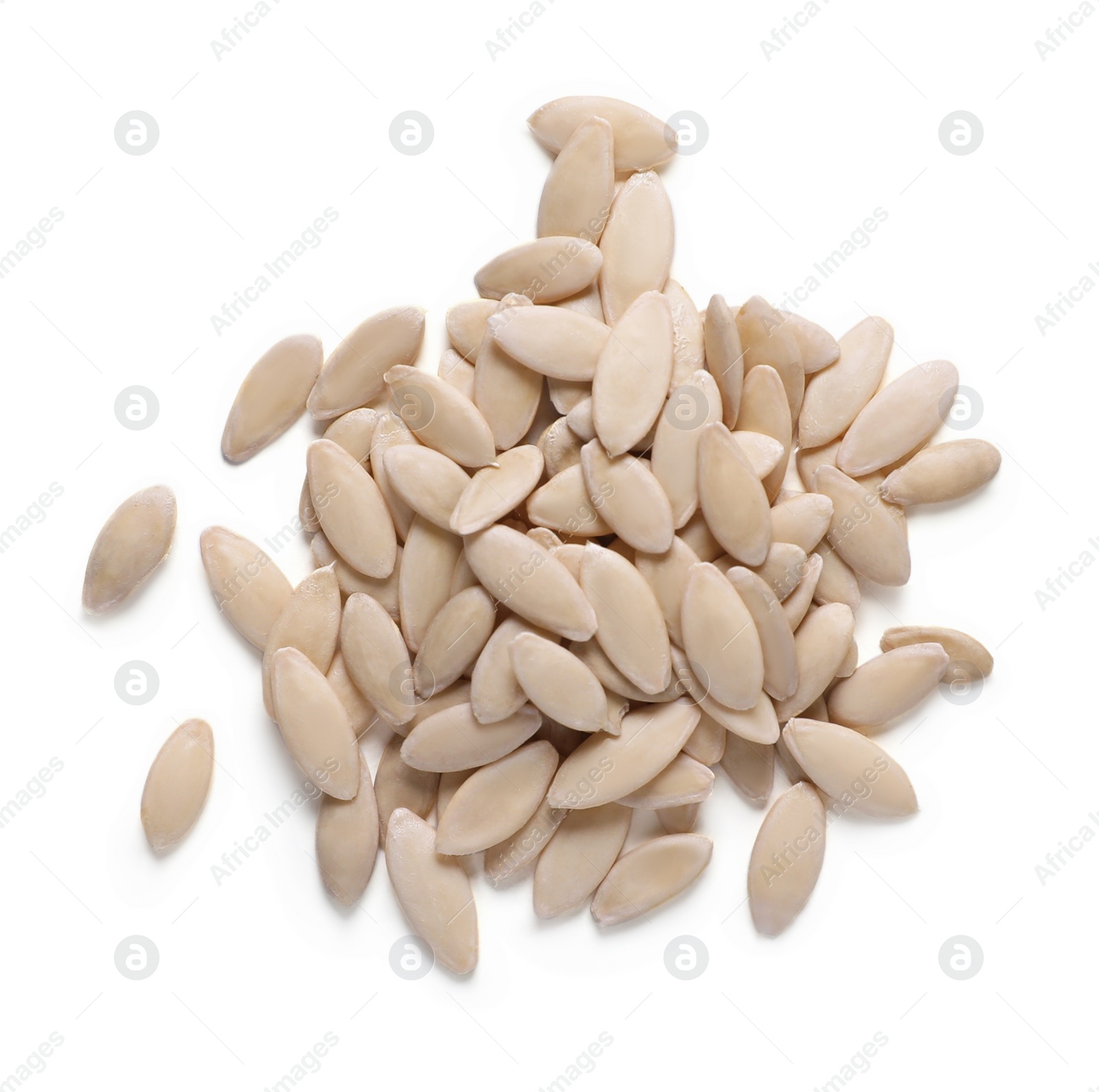 Photo of Pile of cucumber seeds on white background, top view