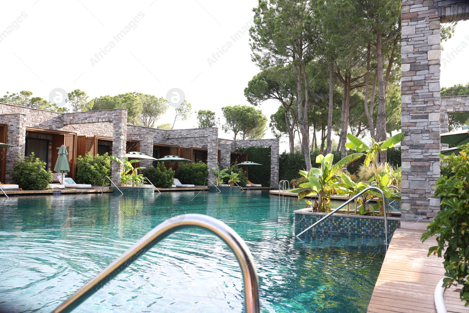 Photo of Swimming pool, exotic plants and sunbeds at luxury resort