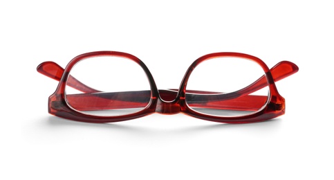Photo of Glasses with corrective lenses on white background. Vision problem