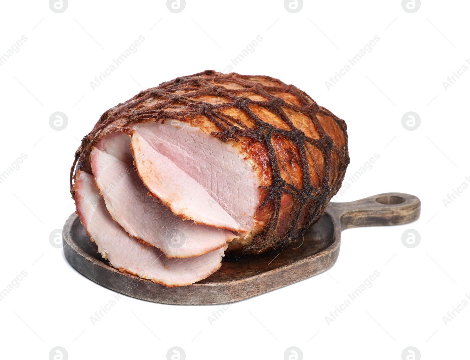 Photo of Cut delicious baked ham isolated on white