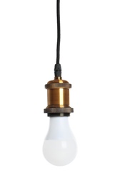 Photo of New light bulb for lamp on white background