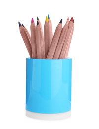 Many colorful pencils in light blue holder isolated on white. School stationery